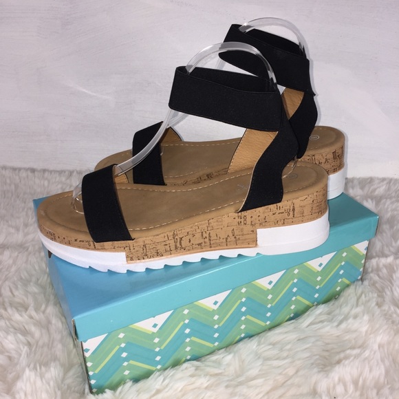 NIB Black Wedge Platform Sandals Stacked Cork Look Elastic Anna - Picture 14 of 14